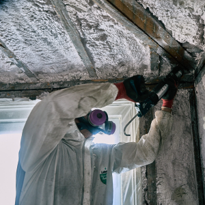 person working in air sealing insulation
